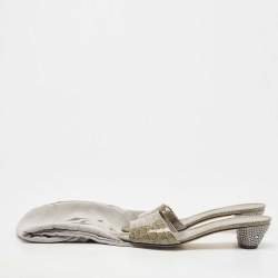 Pre Owned Gina Olive Green Croc Embossed Patent Leather Crystal Embellished Slide Sandals Size 41.5