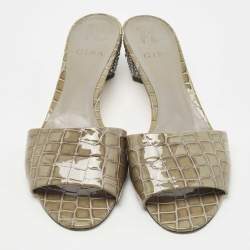 Pre Owned Gina Olive Green Croc Embossed Patent Leather Crystal Embellished Slide Sandals Size 41.5