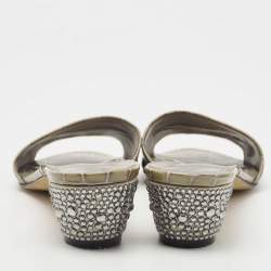 Pre Owned Gina Olive Green Croc Embossed Patent Leather Crystal Embellished Slide Sandals Size 41.5