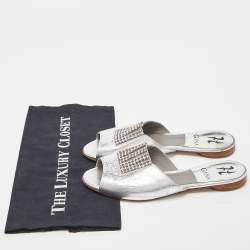 Gina Silver Leather Crystal Embellished Flat Slides Size 37
