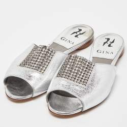 Gina Silver Leather Crystal Embellished Flat Slides Size 37