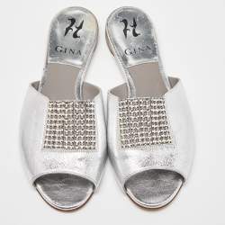 Gina Silver Leather Crystal Embellished Flat Slides Size 37