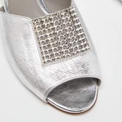 Gina Silver Leather Crystal Embellished Flat Slides Size 37