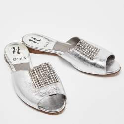 Gina Silver Leather Crystal Embellished Flat Slides Size 37