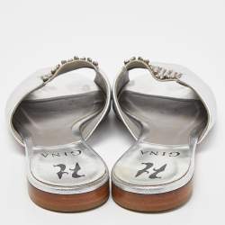 Gina Silver Leather Crystal Embellished Flat Slides Size 37