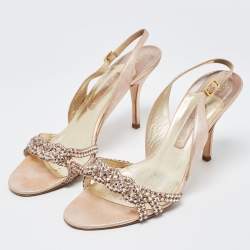Pre Owned Gina Pink Texture Suede Crystal Slingback Sandals Size 39