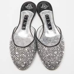 Pre Owned Gina Silver/Black Crystal Embellished Satin Flat Mules Size 37