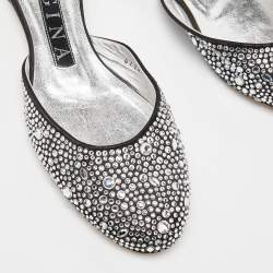 Pre Owned Gina Silver/Black Crystal Embellished Satin Flat Mules Size 37