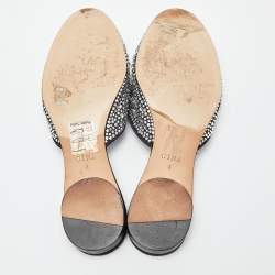 Pre Owned Gina Silver/Black Crystal Embellished Satin Flat Mules Size 37