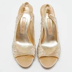 مملوكة مسبقًا Gina Beige Crystal Embellished Satin Slingback Sandals Size 38.5