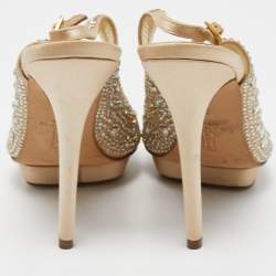 مملوكة مسبقًا Gina Beige Crystal Embellished Satin Slingback Sandals Size 38.5