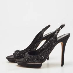 Pre Owned Gina Black Crystal Embellished Satin Slingback Sandals Size 38.5