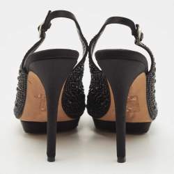 Pre Owned Gina Black Crystal Embellished Satin Slingback Sandals Size 38.5