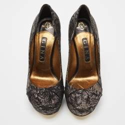 Gina Black/Gold Lace and Leather Platform Pumps Size 39.5