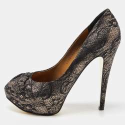 Gina Black/Gold Lace and Leather Platform Pumps Size 39.5