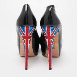 Pre Owned Gina Black Patent Leather Crystal Embellished Heel Peep Toe Platform Pumps Size 39.5