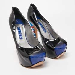 Pre Owned Gina Black Patent Leather Crystal Embellished Heel Peep Toe Platform Pumps Size 39.5