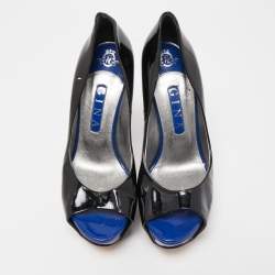 Pre Owned Gina Black Patent Leather Crystal Embellished Heel Peep Toe Platform Pumps Size 39.5