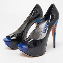 Pre Owned Gina Black Patent Leather Crystal Embellished Heel Peep Toe Platform Pumps Size 39.5