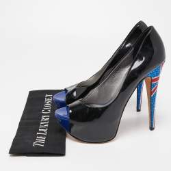 Pre Owned Gina Black Patent Leather Crystal Embellished Heel Peep Toe Platform Pumps Size 39.5