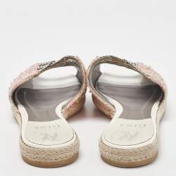Pre Owned Gina Pink Tweed Crystal Embellished Espadrille Flat Slides Size 39