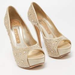Pre Owned Gina Gold Crystal Embellished Satin Peep Toe Platform Pumps Size 37.5