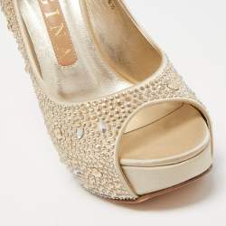 Pre Owned Gina Gold Crystal Embellished Satin Peep Toe Platform Pumps Size 37.5