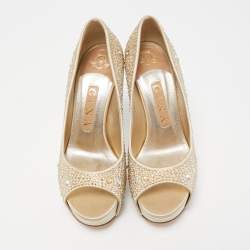 Pre Owned Gina Gold Crystal Embellished Satin Peep Toe Platform Pumps Size 37.5