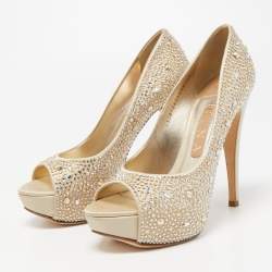 Pre Owned Gina Gold Crystal Embellished Satin Peep Toe Platform Pumps Size 37.5
