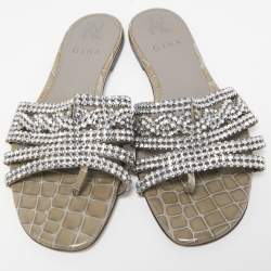 مملوكة مسبقًا Gina Silver/Grey Crystal Embellished Leather Loren Flat Slides Size 39.5
