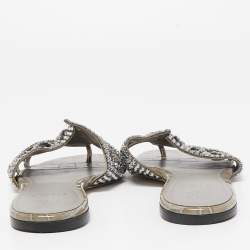 مملوكة مسبقًا Gina Silver/Grey Crystal Embellished Leather Loren Flat Slides Size 39.5