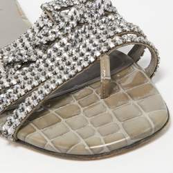 مملوكة مسبقًا Gina Silver/Grey Crystal Embellished Leather Loren Flat Slides Size 39.5