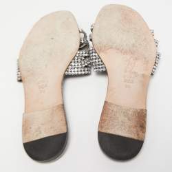 مملوكة مسبقًا Gina Silver/Grey Crystal Embellished Leather Loren Flat Slides Size 39.5