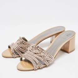 Pre Owned Gina Pink/Beige Crystal Embellished Leather Slide Sandals Size 40