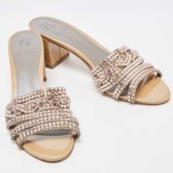 Pre Owned Gina Pink/Beige Crystal Embellished Leather Slide Sandals Size 40