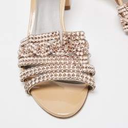 Pre Owned Gina Pink/Beige Crystal Embellished Leather Slide Sandals Size 40