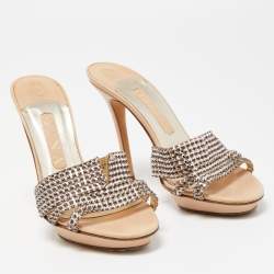 Gina Beige Leather and Crystal Embellished Slides Size 38