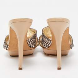 Gina Beige Leather and Crystal Embellished Slides Size 38