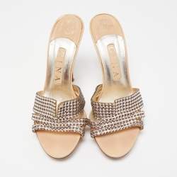 Gina Beige Leather and Crystal Embellished Slides Size 38