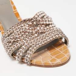 Pre Owned Gina Olive Green Croc Embossed Leather Crystal Embellished Loren Slide Sandals Size 38.5