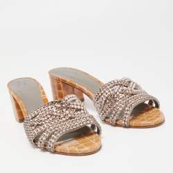 Pre Owned Gina Olive Green Croc Embossed Leather Crystal Embellished Loren Slide Sandals Size 38.5