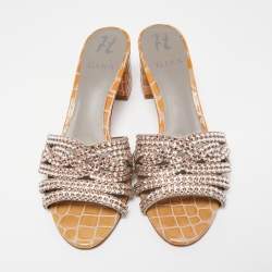 Pre Owned Gina Olive Green Croc Embossed Leather Crystal Embellished Loren Slide Sandals Size 38.5