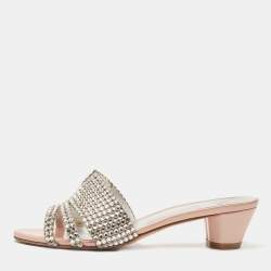 Pre Owned Gina Silver Leather Crystal Embellished Slides Size 37.5