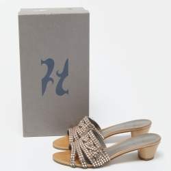 Pre Owned Gina Brown Leather and Crystal Embellished Slides Size 37.5