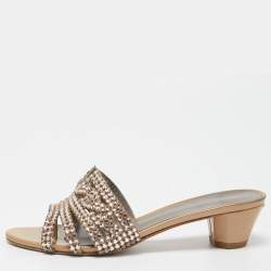 Pre Owned Gina Brown Leather and Crystal Embellished Slides Size 37.5