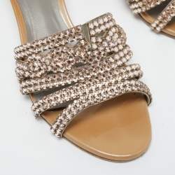 Pre Owned Gina Brown Leather and Crystal Embellished Slides Size 37.5