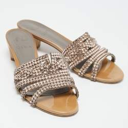 Pre Owned Gina Brown Leather and Crystal Embellished Slides Size 37.5