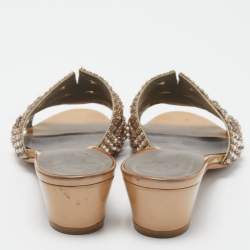 Pre Owned Gina Brown Leather and Crystal Embellished Slides Size 37.5