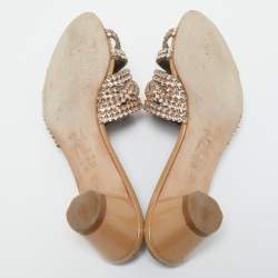 Pre Owned Gina Brown Leather and Crystal Embellished Slides Size 37.5