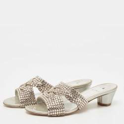 Pre Owned Gina Silver Leather and Crystal Embellished Slide Size 37.5
